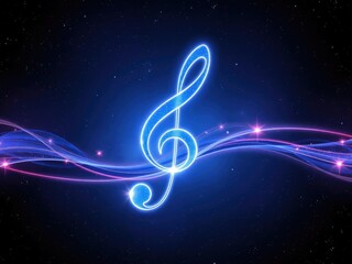 A futuristic representation of a treble clef set against a backdrop of stars and nebulae, with glowing light trails that evoke the feeling of cosmic music, otherworldly, treble clef