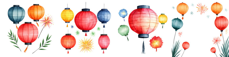 Obraz premium Colorful Traditional Lanterns Festooned for a Festival Celebration with Explosive Fireworks Lighting up the Night Sky in a Joyful Display of Culture and Heritage