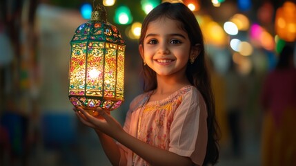 Young Girl Holds Illuminated Lantern Festive Lights