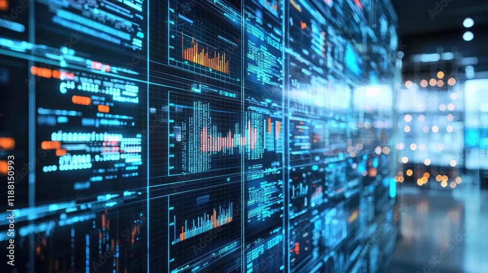 Poster data visualization wall with digital charts and analytics display