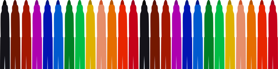 Set of markers with basic colors for drawing and coloring. Sale and advertising of markers and drawing with them. Felt-tip pen for drawing courses. Set of markers with a cap for children.
