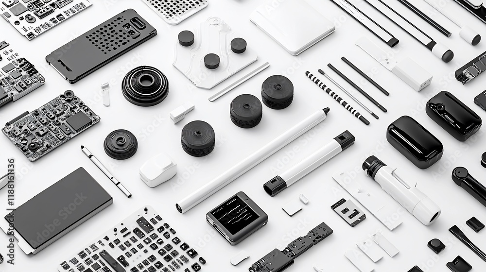 Poster Flat lay of disassembled tech components.