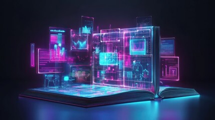 Fototapeta premium Futuristic open book with glowing digital interfaces and data visualizations.
