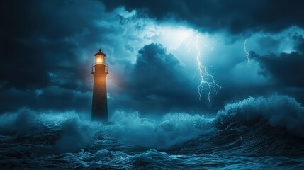 Dramatic Lighthouse Illuminates Stormy Sea with Lightning Strikes
