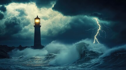 Dramatic Lighthouse in Stormy Seas with Lightning Striking Skies