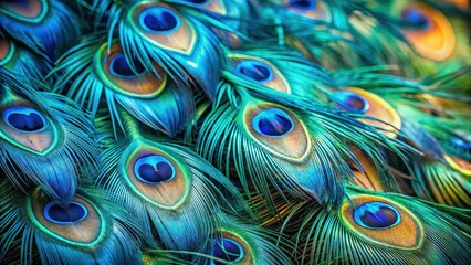 Obraz premium A close-up shot of vibrant blue peacock feathers scattered on a branch, showcasing intricate patterns and textures, texture