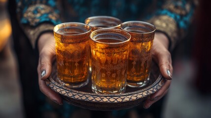 Woman hands holding ornate glasses of tea