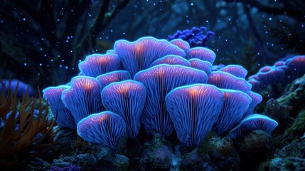 Luminescent Coral Reef Underwater Scene with Colorful Fungi
