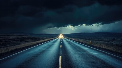 Serene Road Under Dramatic Clouds Before Storm Approaches Night