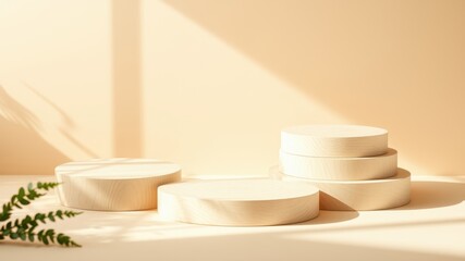 Minimalist Wooden Podiums with Subtle Sunlight and a Single Leaf for Product Display