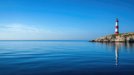 Bright Red and White Lighthouse on Calm Blue Ocean Water