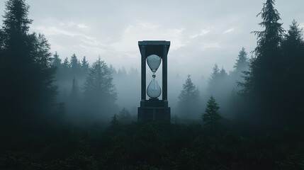 Misty Forest with Hourglass Surrounded by Trees and Fog
