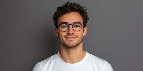 Obraz premium A charming young man wearing a white t shirt and glasses is smiling at the camera in front of a grey backdrop, embodying the essence of Healthy Living.