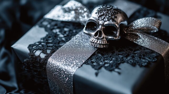 The striking composition of a gift showcases a silver glitter ribbon paired with intricate black lace and a skull design.