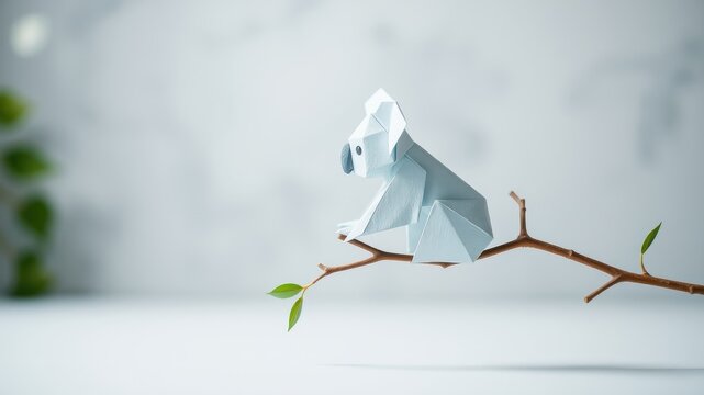 A delicate paper koala perched on a slender twig, a symbol of fragility and resilience in nature.