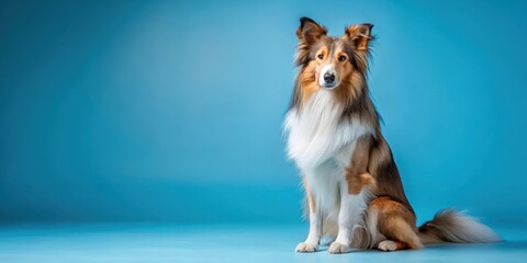 Collie sitting on a blue background with its paws extended and tail wrapped around its body, sitting, collie breed
