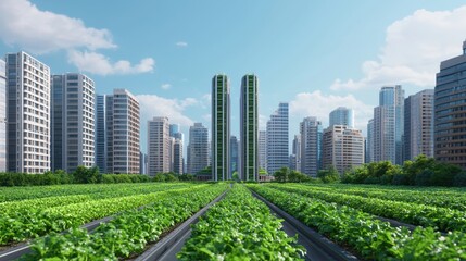 Modern Urban Agriculture with Skyscrapers and Lush Green Fields