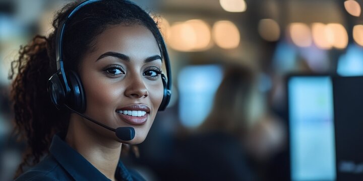 Friendly customer support service operator engaged in assisting clients while wearing a headset in a busy call center environment. The customer support service operator ensures excellent service.
