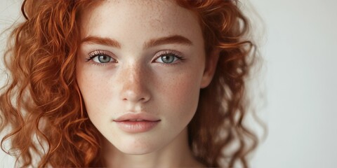 Fototapeta premium Close up portrait of a beautiful girl featuring curly red hair and freckles, gazing directly at the camera against a white background, showcasing her unique beauty and charm.
