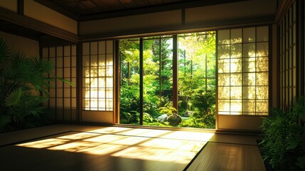 Obraz premium Tranquil Japanese Room Overlooking Lush Green Garden with Natural Light