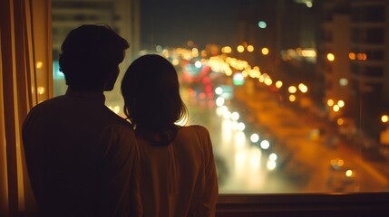 Naklejka premium Couple Silhouetted Against Night City Lights