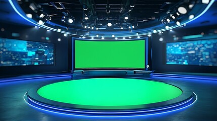 Modern Broadcast Studio: Green Screen Stage with Futuristic Design