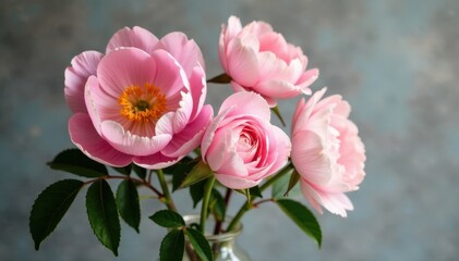 Soft pink peonies and delicate roses in a vase, spring flowers, pink peonies