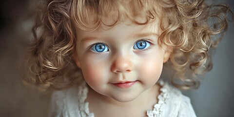 Adorable portrait of a cute girl featuring curly hair and large blue eyes, capturing the essence of a baby girl s charm and innocence. This cute girl radiates joy and sweetness.