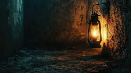 Vintage Lantern Illuminates Dark Corner of Abandoned Room