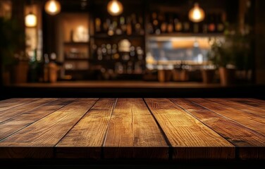 Empty wooden table in a blurry bar background.