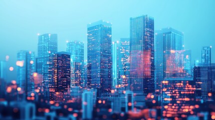 Obraz premium Futuristic Urban Skyline at Dusk with Colorful Lights and Reflection