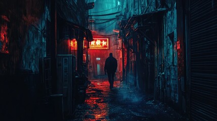 Fototapeta premium Mysterious Urban Alleyway with Neon Lights in Rainy Night Scene
