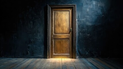 Mysterious Wooden Door in Dark Room with Soft Light Glowing