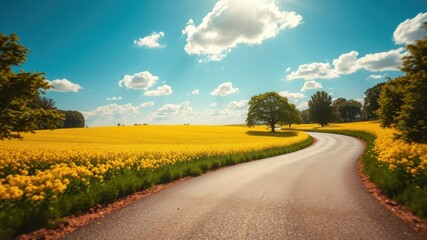 Obraz premium A winding country road cuts through a field of vibrant yellow wildflowers, framed by lush green foliage and a blue sky dotted with fluffy white clouds.