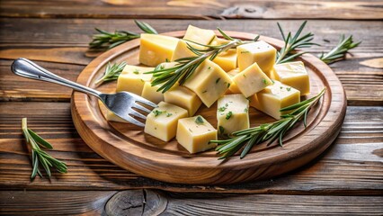Fototapeta premium A cheese platter arranged on a wooden board with fresh rosemary sprigs and a fork placed artfully among the cheese slices , appetizer, arrangement