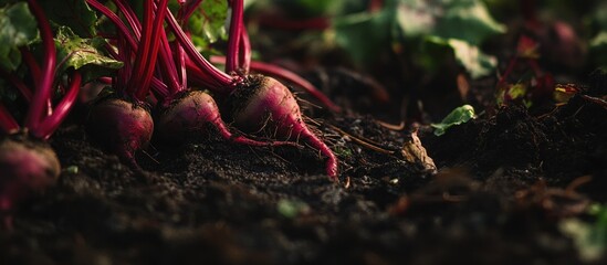 Freshly harvested red beets in dark soil.