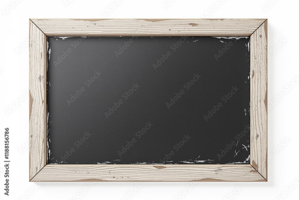 Poster rustic wooden frame with blank blackboard centered on white background.