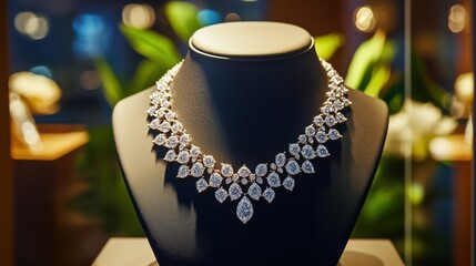 The fine diamond jewelry, with its intricate craftsmanship, is displayed beautifully, highlighting the necklace’s sparkling allure and luxurious appeal.