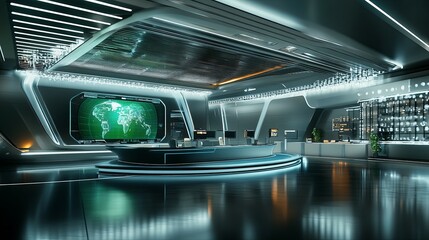 Futuristic Control Room: Sleek Design, Green Screens, and Modern Technology
