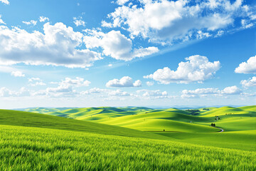 Fototapeta premium Lush green landscape with rolling hills and a bright blue sky filled with fluffy clouds.