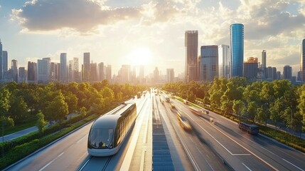 Naklejka premium Futuristic Pod Train on City Highway at Sunset: A Serene Urban Vista