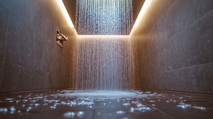 A warm shower experience with cascading water offers comfort and relaxation, enhanced by the practical use of caps for convenience.