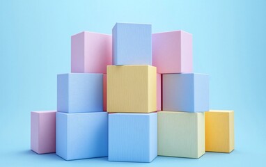 Obraz premium Pastel-colored cubes stacked in a pyramid shape against a light blue background.