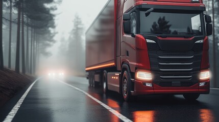 Red Truck on Foggy Road Through Forest