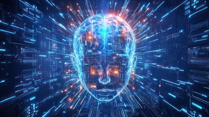 Obraz premium Futuristic digital human head with glowing circuits and data streams.