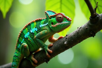 Veiled chameleon clinging to tree branch, vibrant green scales, detail, chameleon