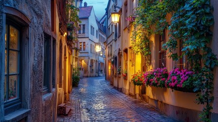 Fototapeta premium Charming Cobblestone Alleyway with Colorful Flowers at Dusk