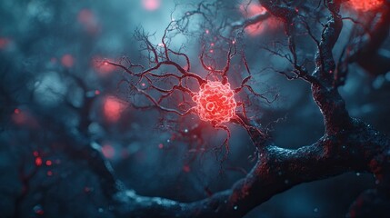 Examining the Complex World of Neurons: Generative AI and a Beautiful 3D Microbiology Render of Nerve Cell Background with Plenty of Copy Space