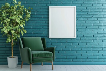 Teal brick wall, green armchair, blank frame, plant.