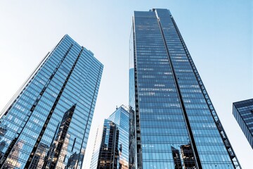Obraz premium Modern skyscrapers with reflective glass facades under a clear blue sky.
